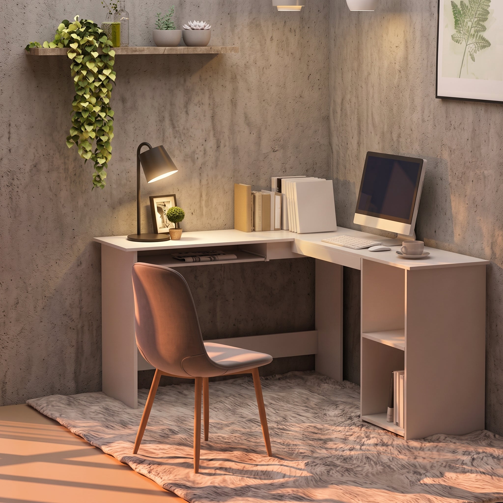 Bureau d'Angle en L 120x140 cm Blanc – Rangement et Tablette Clavier