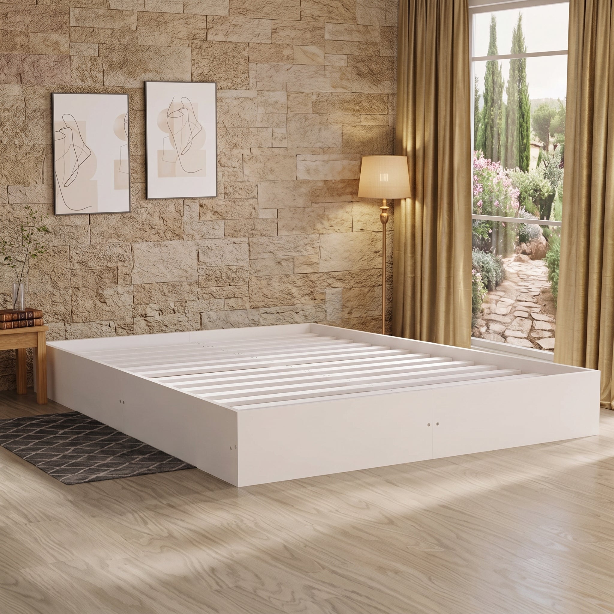 Cadre de Lit 200x200 cm en Bois de Pin Massif – Sommier à Lattes Inclus