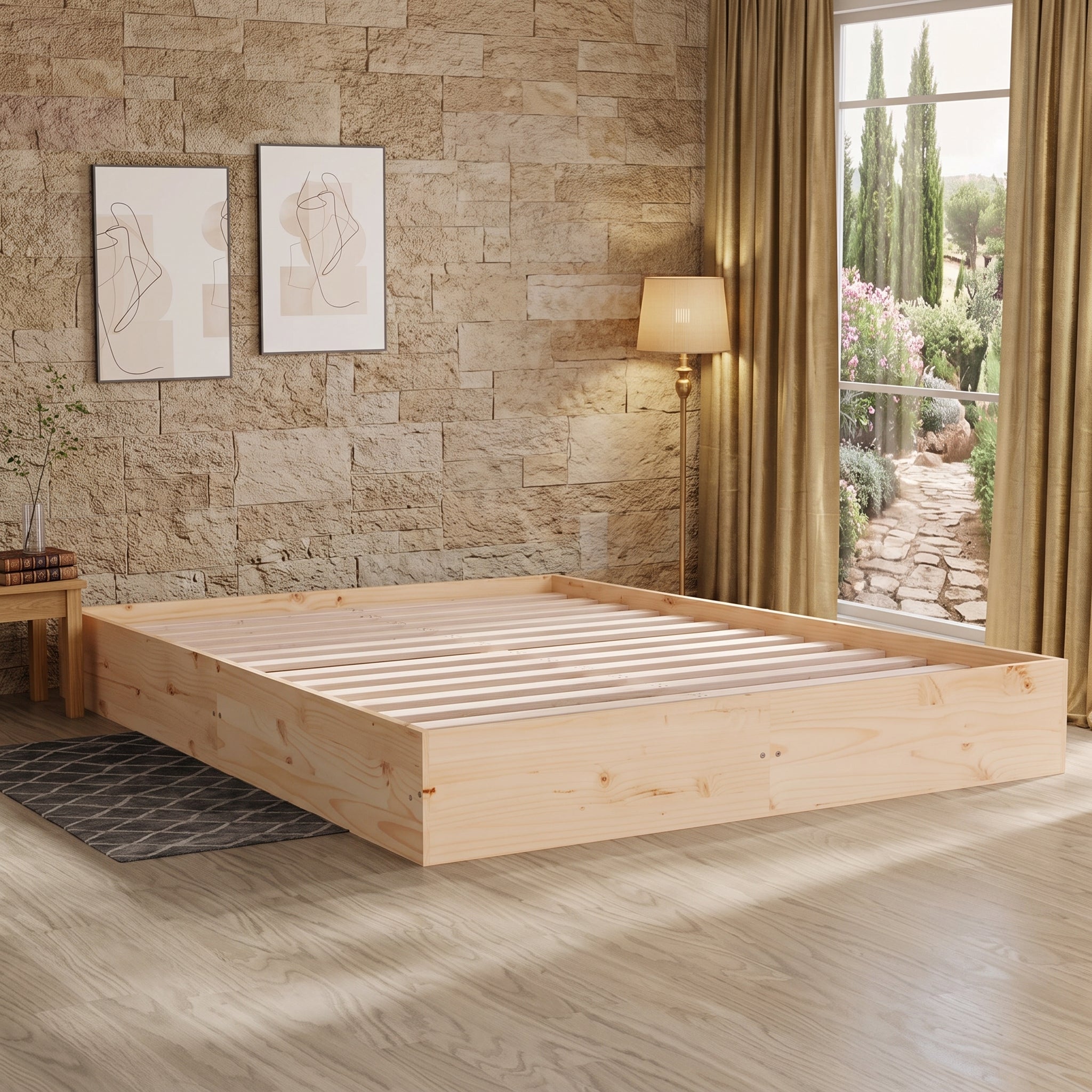 Cadre de Lit 200x200 cm en Bois de Pin Massif – Sommier à Lattes Inclus